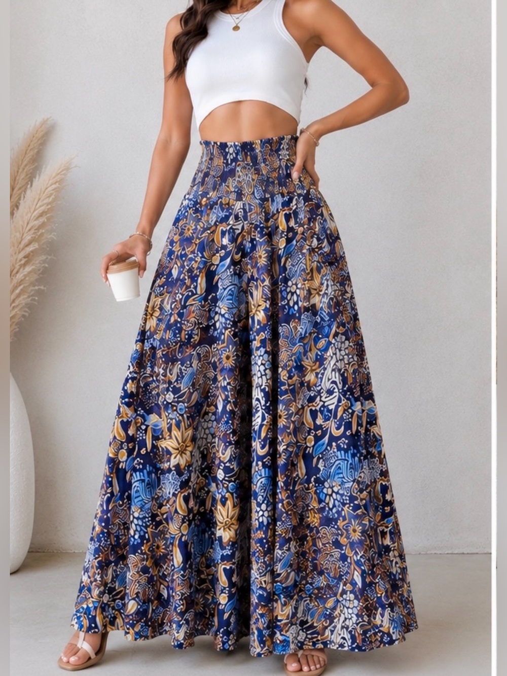 NWOT Boho Floral Wide-Leg Palazzo Pants - Blue Multi